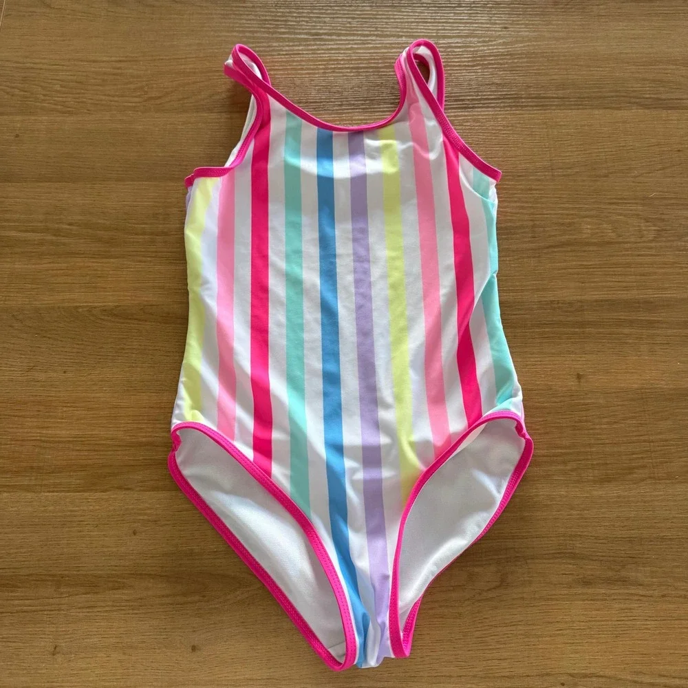 Wonder Nation Girls Rainbow Stripe One Piece Swimsuit Pink Trim L 10-12 3T3